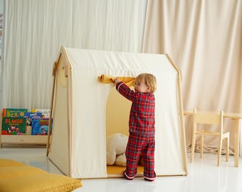 Wooden Play Tent -  Montessori Playhouse with Cotton Cover - Kids Tent