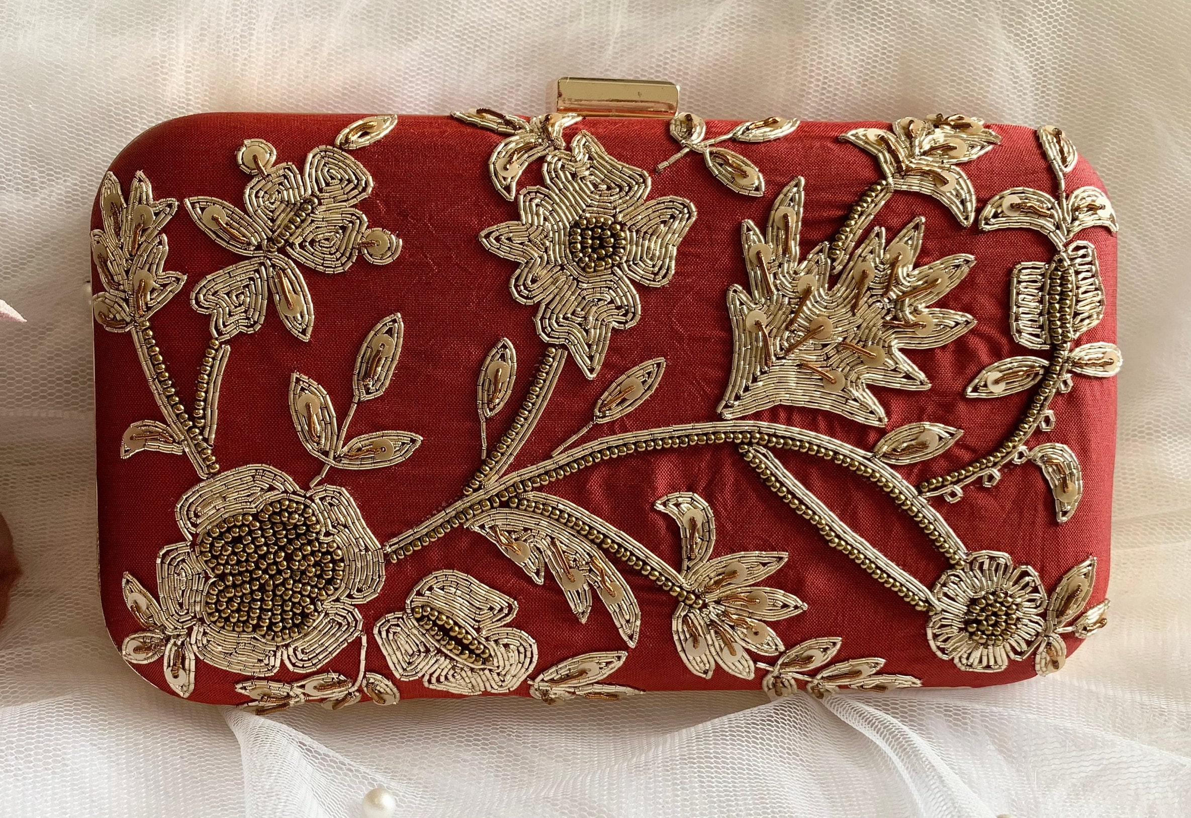 Handmade Designer Clutch Purse, Bag Shoulder Strap and Handle for Wedding, Ethnic Wear, Evening Party and Prom.