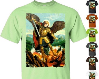 Saint Michael Archangel Saint Michael the Archangel Destroy Devil V21 DTG PRINT Men TShirt S M L XL 2XL 3XL 4XL 5XL