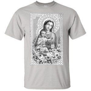 Puede incluir: Ilustraci&oacute;n en blanco y negro de la Virgen Mar&iacute;a sosteniendo a un beb&eacute; Jes&uacute;s. La imagen est&aacute; enmarcada con un borde de encaje decorativo y rodeada de rosas.