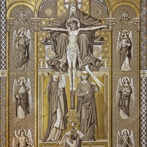 May include: A vintage illustration depicting a religious scene with a central figure of Jesus Christ on the cross, surrounded by angels and figures in a golden and brown mosaic-like background. The text "SERAPHIM", "DOMINATURES", "PRINCIPATES", "ARCHANGELI", "ANGELI", "VIRTUTES", and "S.MARIA" are visible in the image.