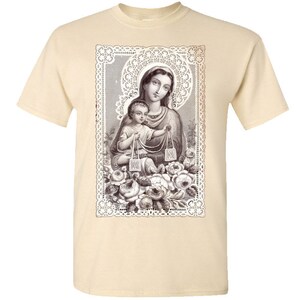 Puede incluir: Una ilustraci&oacute;n de estilo vintage de la Virgen Mar&iacute;a sosteniendo a un beb&eacute; Jes&uacute;s. La imagen est&aacute; enmarcada con un borde de encaje y rodeada de rosas.