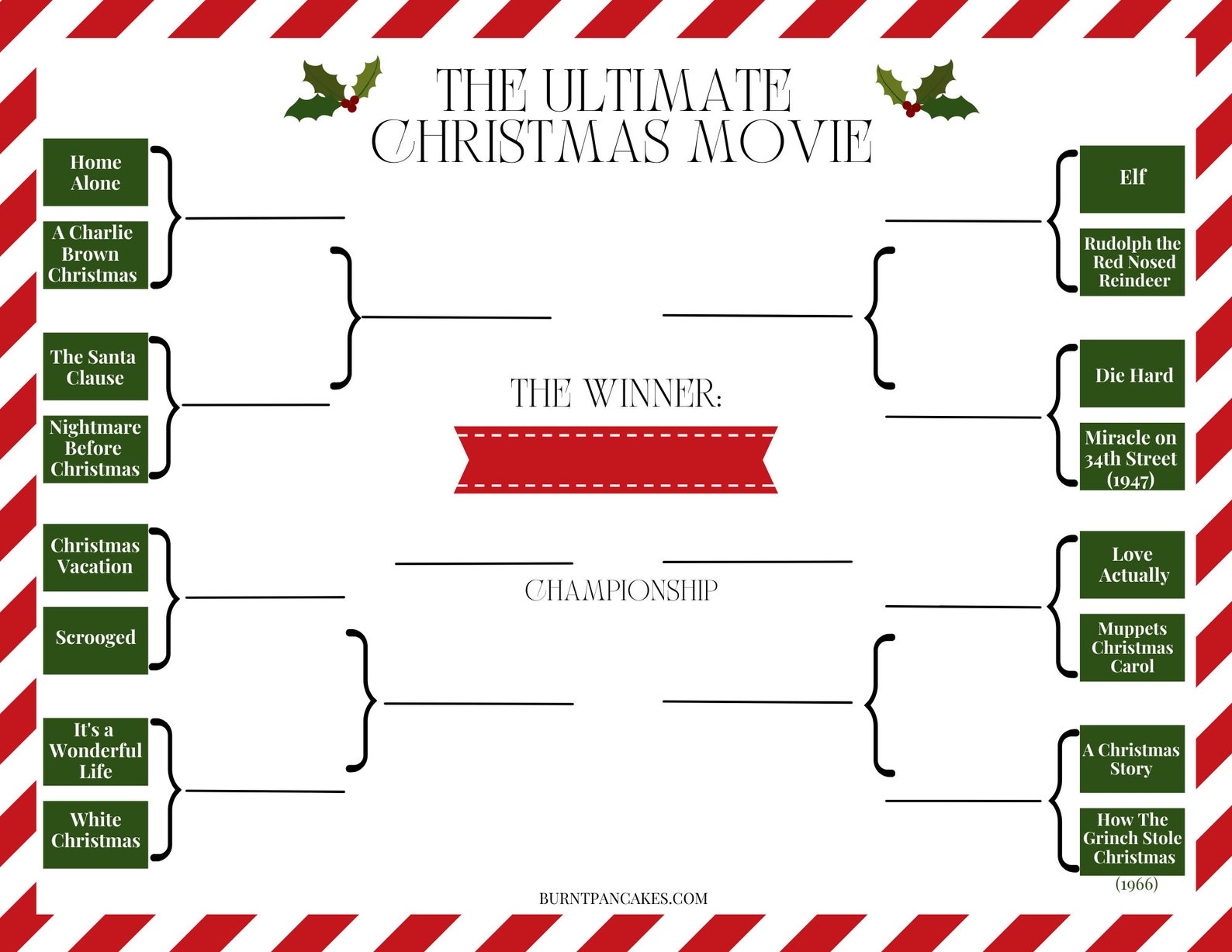 Christmas Movie Bracket Printable Party Game Instant Download Holiday