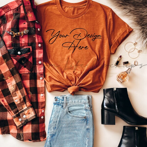 Bella Canvas 3001 Shirt | Autumn | T-Shirt Mockup |  | Flannel Denim Gecko Booties | Small Business | Social Media | Advertising