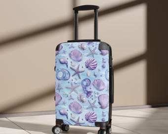 Personalized Suitcase | Purple Seashell Starfish Luggage | Unique Beach Travel Gift | Custom Name Hardside Spinner | Honeymoon Cruise