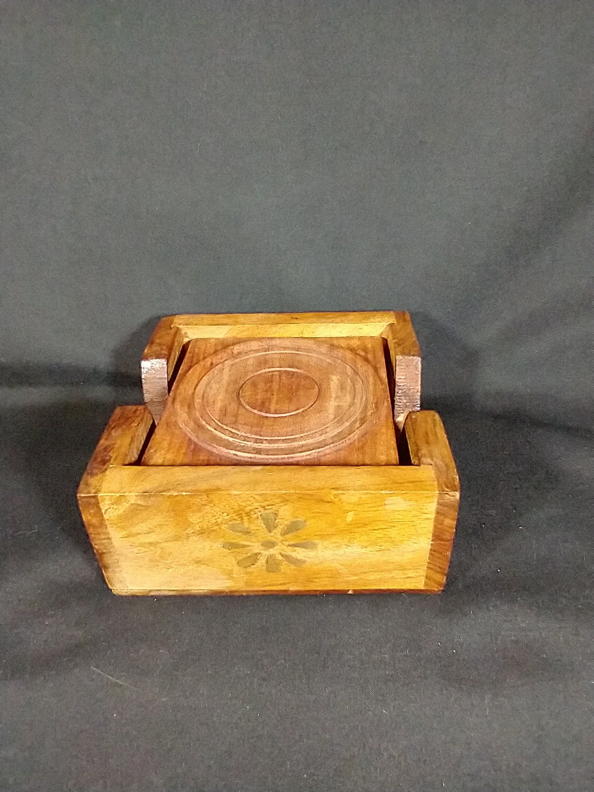 Vintage Handcrafted 6 Solid Wooden Coasters Holder Brass Inlay Etsy