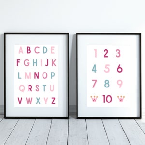 Alphabet and Numbers Pink Boho Wall Art, Girls Wall Decor, ABC 123 Print, Playroom Poster, Kids Educational Poster