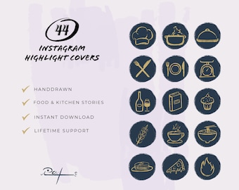Couvertures Instagram Highlight, icônes dessinées à la main, 44 icônes pour les points forts Instagram, icônes bleu-or, couvertures de surbrillance alimentaire