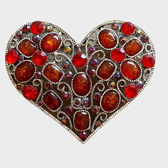 Vintage Brooch “Heart” Red and Orange beads Silve… - image 1