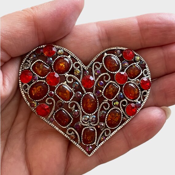 Vintage Brooch “Heart” Red and Orange beads Silve… - image 2