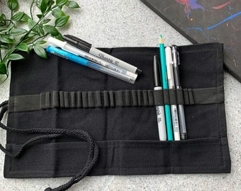 Black Canvas Roll Up | Pen Case | Painting Pencil Roll | Crochet Needle Storage | Brush Roll Pouch | Artist Travel Roll Up | Artist Gift