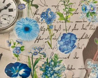 100pc Clear Blue Flower Stickers, Stickers, Flower Stickers, Transparent Stickers, Junk Journal, Scrapbook, Pressed Flowers Stickers