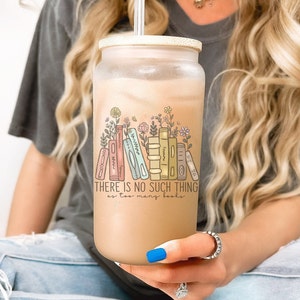 Book Lover 16oz Iced Coffee Cup, Cold Drink Cup, Frosted Can Glass, Smoothie Glass, Coffee Cup w/ Reusable Straw & Bamboo Lid.