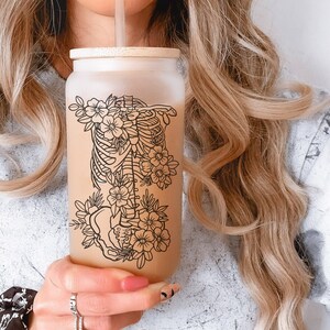 Floral Skeleton 16oz Iced Coffee Cup, Cold Drink Cup, Frosted Can Glass, Smoothie Glass, Coffee Cup w/ Reusable Straw & Bamboo Lid.