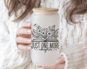 One More Chapter Book Lover 16oz Iced Coffee Cup, Cold Drink Cup, Frosted Can Glass, Smoothie Glass, Coffee Cup w/ Reusable Straw & Lid.