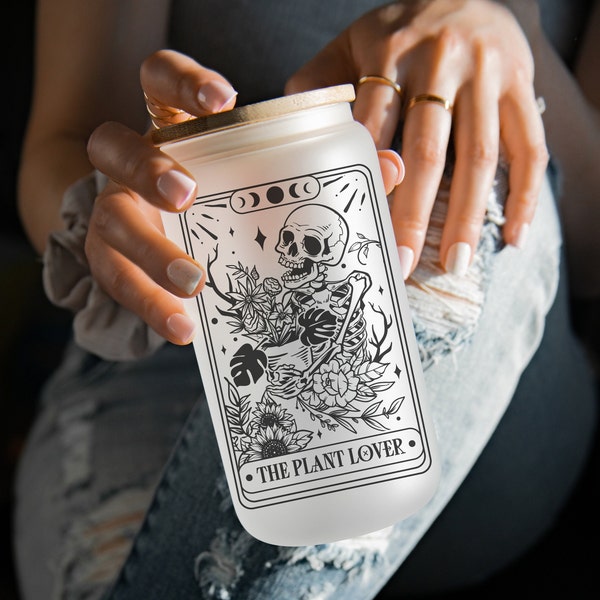 The Plant Lover Tarot 16oz Iced Coffee Cup, Cold Drink Cup, Frosted Can Glass, Smoothie Glass, Coffee Cup w/ Reusable Straw & Bamboo Lid.
