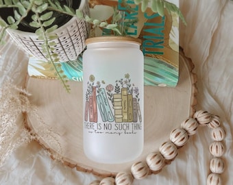 Book Lover Iced Coffee Glass Can: 16oz Frosted Glass Tumbler with Lid & Straw
