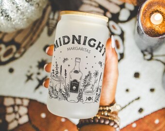 Midnight Drinks Iced Coffee Glass Can: 16oz Frosted Glass Tumbler with Lid & Straw