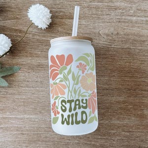 Stay Wild Floral Iced Coffee Can Glass with Bamboo Lid & Straw