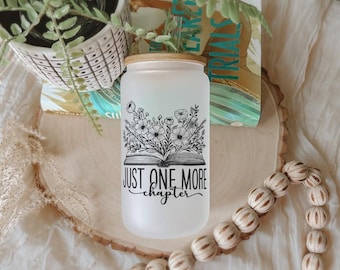 One More Chapter Book Lover Iced Coffee Glass Can: 16oz Frosted Glass Tumbler with Lid & Straw