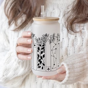 Floral Book Lover Iced Coffee Cup: 16oz Frosted Can Glass with Lid & Straw