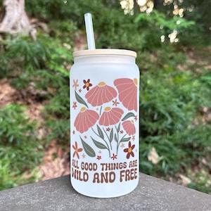 Floral Iced Coffee Can Glass with Bamboo Lid & Straw
