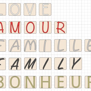 Op de afbeelding: Een beige achtergrond met de woorden "LOVE", "AMOUR", "FAMILLE", "FAMILY" en "BONHEUR" geschreven in verschillende kleuren en stijlen.