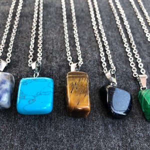Silver Crystal Necklace, Genuine Tumble Stone Crystal Pendant, Stainless Steel Necklace, Sodalite, Tiger’s Eye, Amethyst, Jasper, Turquoise
