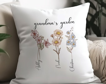 Custom Grandma's Garden Pillow, Personalized Birthflower Pillow, Grandmas Garden Pillow with Grandkids, Mother's Day Gift for Grandma Nanny