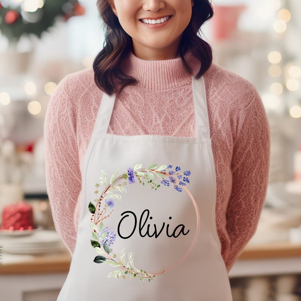 Personalized Apron for Women, Custom Mother's Day Gift, Kitchen Apron for Grandma, Personalized Gift for Mom, Custom Printed Wreath Apron