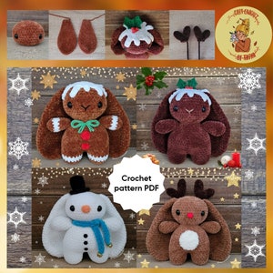 DIGITAL PATTERN: Gingerbread Bunny, Xmas pudding bunny, Snowbunny & Reindeer bunny (4-in-1)