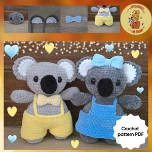 May include: Two crocheted koala amigurumi toys, one wearing a yellow and blue outfit with a bow, and the other wearing a blue dress with a blue bow. The toys are sitting on a wooden surface with hearts and lights in the background. The text "Crochet pattern PDF" is in the bottom right corner of the image.