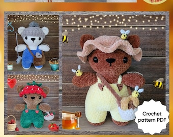 DIGITAL PATTERN: Bears in overalls crochet plushie (3-in-1 pattern)