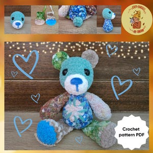 May include: A handmade crochet bear with a blue head, ears, and nose, and a multi-colored body. The bear has black eyes and is sitting on a wooden surface. The image also includes smaller crochet items and the text "Crochet pattern PDF".