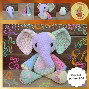 May include: A crocheted elephant toy in pastel colours, including purple, pink, and green. The elephant has large, patterned ears and a trunk. The image also includes other crochet items and a logo that says "Cozy Crochet by Tasha".