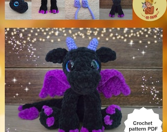 Könnte beinhalten: Häkelanleitung PDF für ein schwarzes und violettes Drachen-Amigurumi-Spielzeug. Der Drache hat große Augen, violette Flügel und violette Füße.