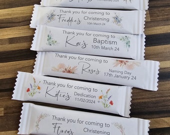 Favours christening Baptism Naming day dedication confirmation Party Bag filler Personalised wrappped Chocolate Bar Floral gifts Thank you