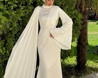Muslim Wedding Dress,Modest Bridal Abaya,Evening gown Hijab Dress,Islam Prom Dress, Maxi Dress, Engagement Dress,White Satin Maxi Dress