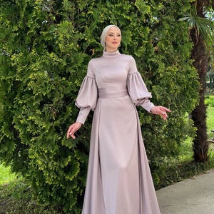rosa islamic evening dress 2021 Hijab Style Blush Rose Gold Muslim Evening pink prom dress with Detachable Train and Long Sleeves