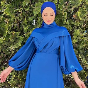 Modest Formal Dress,Modest Prom Dress,Muslim Wedding Hijab Dress,Prom Dress,Bridal Dress,Formal Dress,Abendkleid Abaya,Satin Blue Abiye
