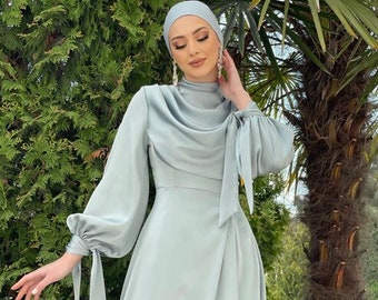 Muslim Wedding Dress, Evening Dress, Modest Dress, Hijab Dress,Prom Dress, Maxi Dress, Engagement Dress,Long Sleeve Dress,Satin Green Abaya