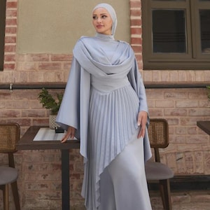 Modest Prom Dress,Occasion Dress,Hijab Dress,Abaya Nikkah,Event Dress,Modest Evening Dress,Long Sleeve Dress,Formal Satin Pleated Gray Abaya