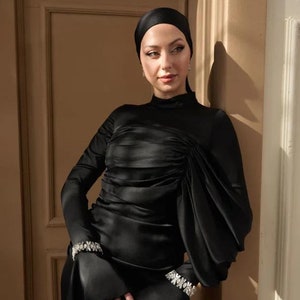Modest Jewelled Dress, Eid Dress,Hijab Abendkleid,Dubai Wedding Dress,Hijab Evening Gown,Muslim Prom Dress,Turk abiye,Maxi Satin Black Abaya
