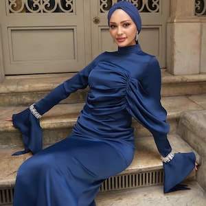 Modest Jewelled Nikkah Dress,Prom Dress,Hijab Dress,Abaya Nikkah Dress,Modest Evening Dress,Long Sleeve Dress,Formal Satin Livid Color Abaya