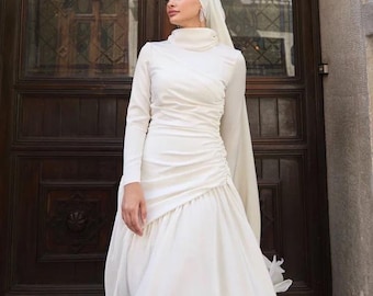 Muslim Wedding Dress,Engagment Dress,Hijab Dress,Abaya Nikkah,Luxury Dress,Modest Prom Dress,Maxi Dress,Formal Satin Ecru White Abaya