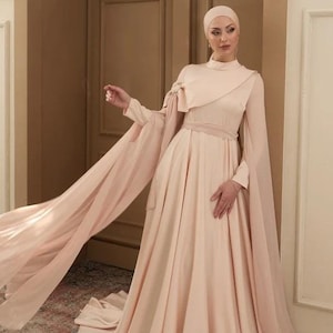 Modest Jewelled Formal Dress,Islamic Dress,Hijab Dress,Prom Dress,Evening Dress,Abendkleid,Modest Maxi Dress,Formal Satin Powder Color Abaya
