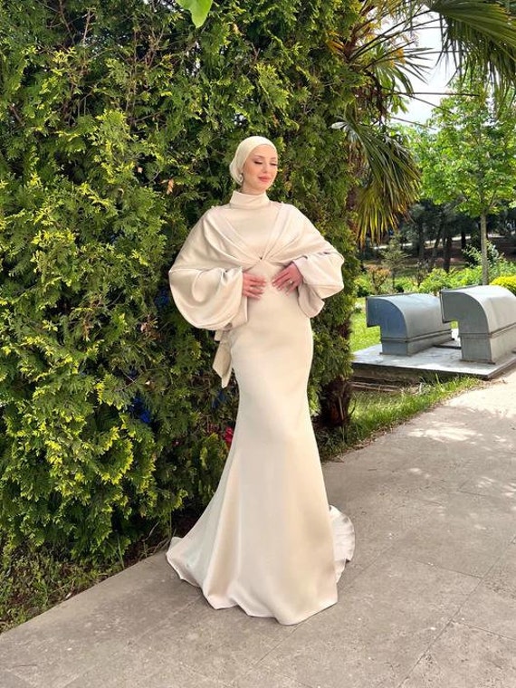 White Nikkah Dresses With Scarf Nikkah Dress,Modest Prom Dress,Bridal  Abaya, Hijab Dress,Prom Dress,