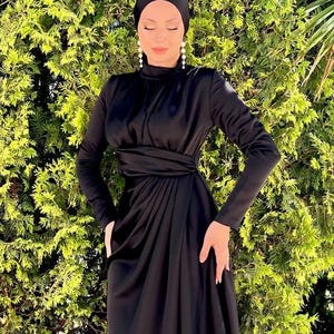 Modest Black Satin Dress,Nikkah Dress, Islamic Dress, Hijab Dress, Satin Abaya Dubai,Prom Dress,Modest Abaya,Evening Gown,Black Satin Abaya