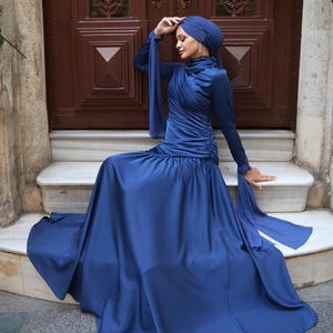 Muslim Prom Dress,Engagment Dress,Hijab Dress,Abaya Nikkah,Luxury Dress,Modest Evening Dress,Maxi Dress,Formal Satin Navy Blue Abaya