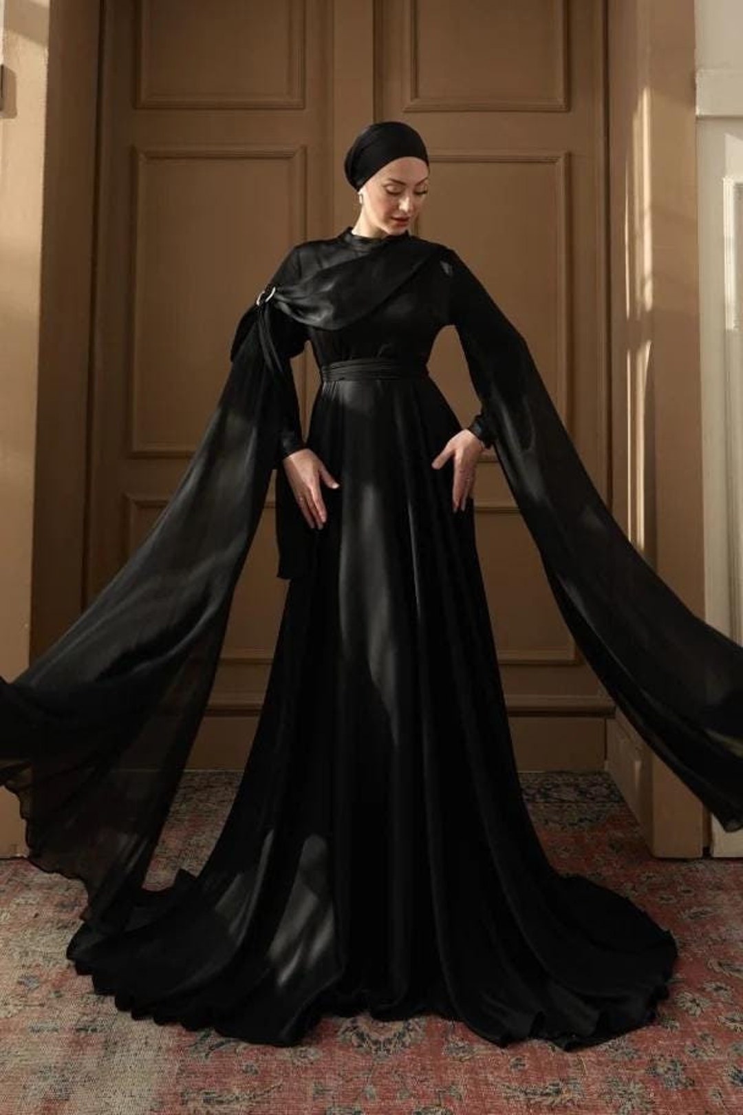 Modest Muslim Women's Embroidered Belt Evening Dress - G705 - Black main image 0